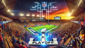 TrendyNotes | Your Source for Fashion, Celebrity Buzz, & Lifestyle Trends 10 A vibrant stadium filled with fans eagerly watching the NFL playoff game as the sun sets, featuring a trophy and playoff bracket in the foreground.