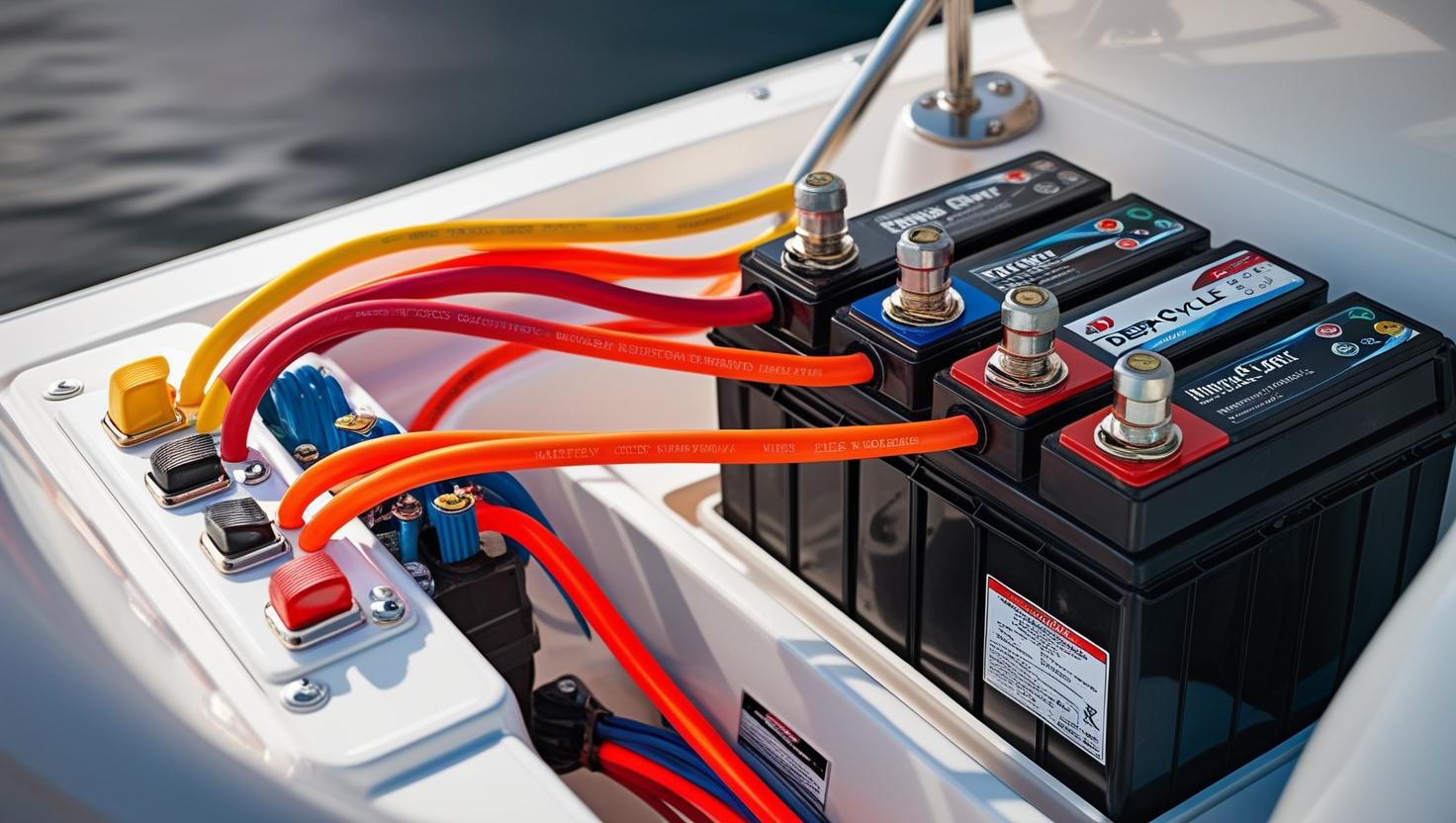 Boat electrical system powered by a deep cycle marine battery." 