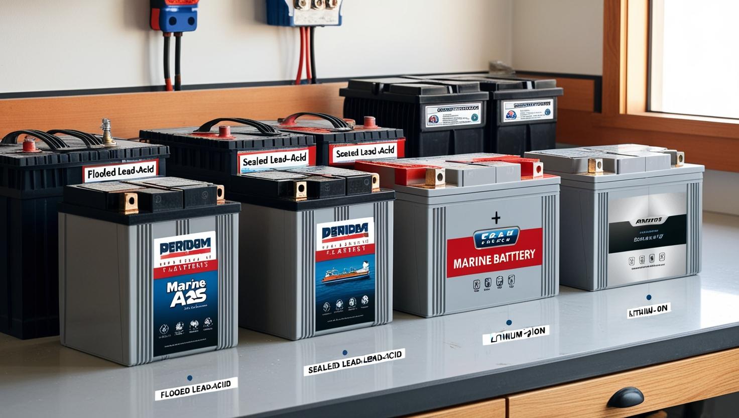"Various types of deep cycle marine batteries."