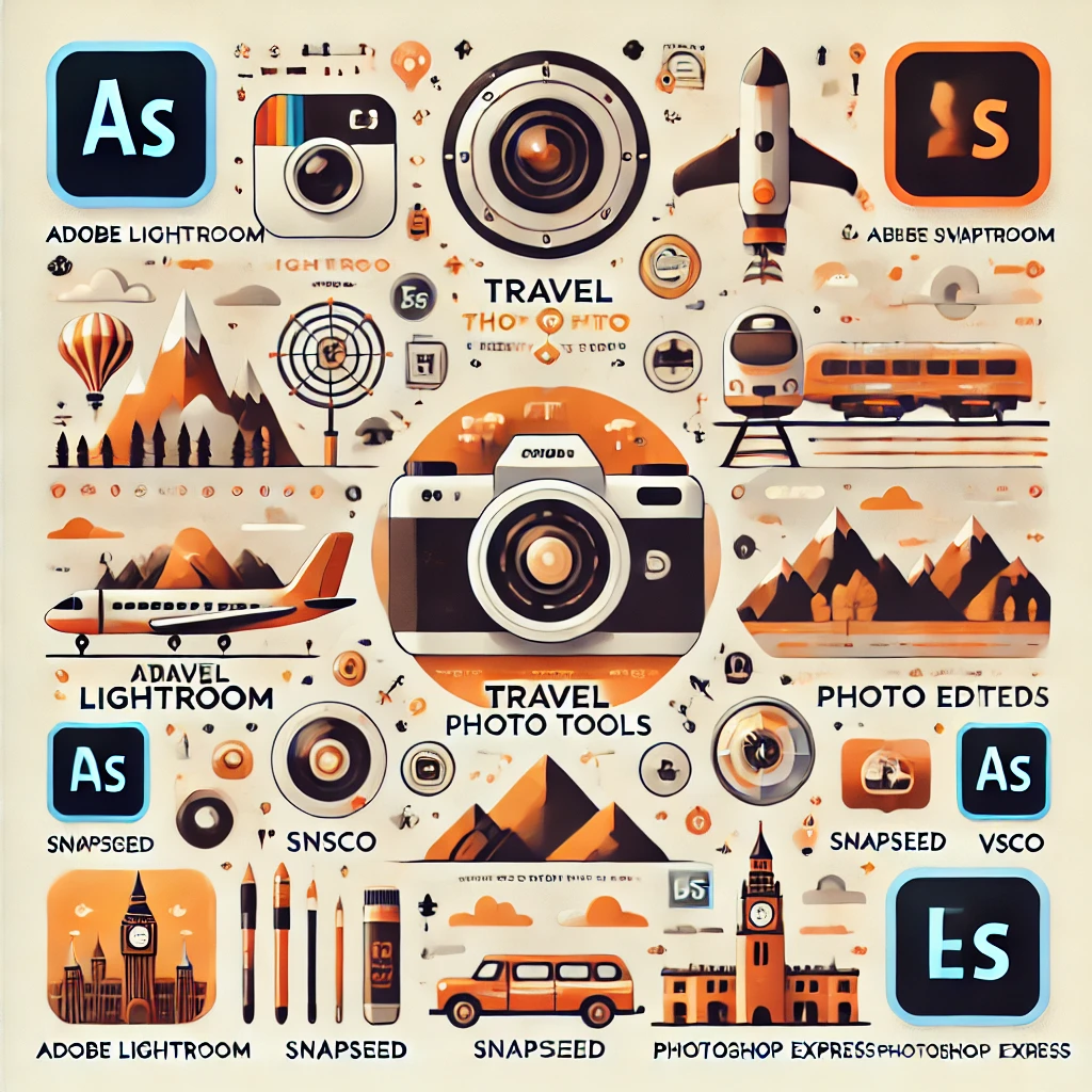A visually appealing infographic showcasing the best travel photo editing tools, including Adobe Lightroom, Snapseed, VSCO, and Photoshop Express, with brief highlights of their features.