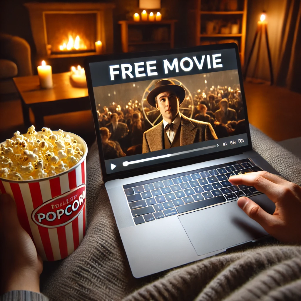A cozy living room setting with a person enjoying popcorn while watching a free movie on a laptop, displaying a classic Hollywood scene. 