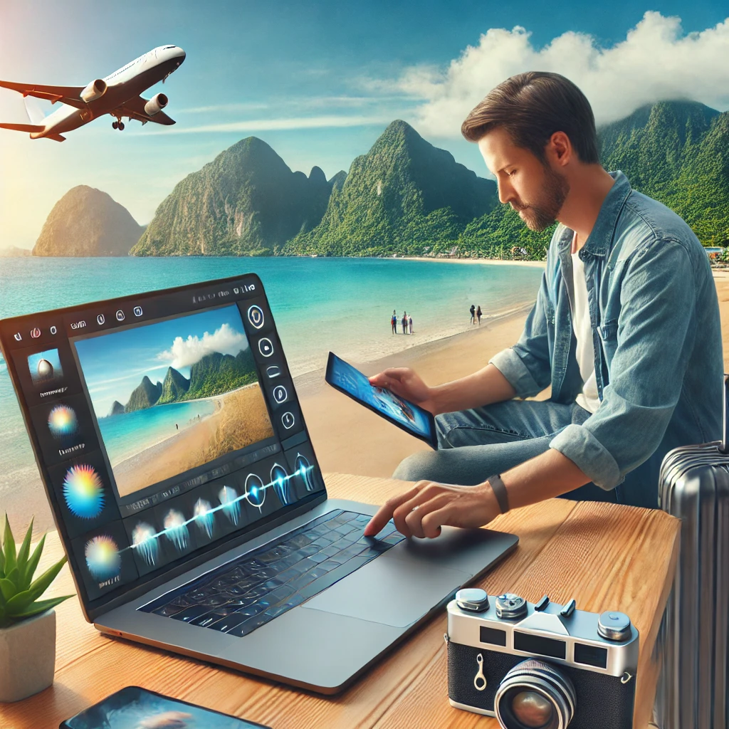 A digital illustration of a traveler editing photos on a laptop, with a smartphone displaying a photo editing app. The background shows a beautiful travel destination with mountains and a beach.