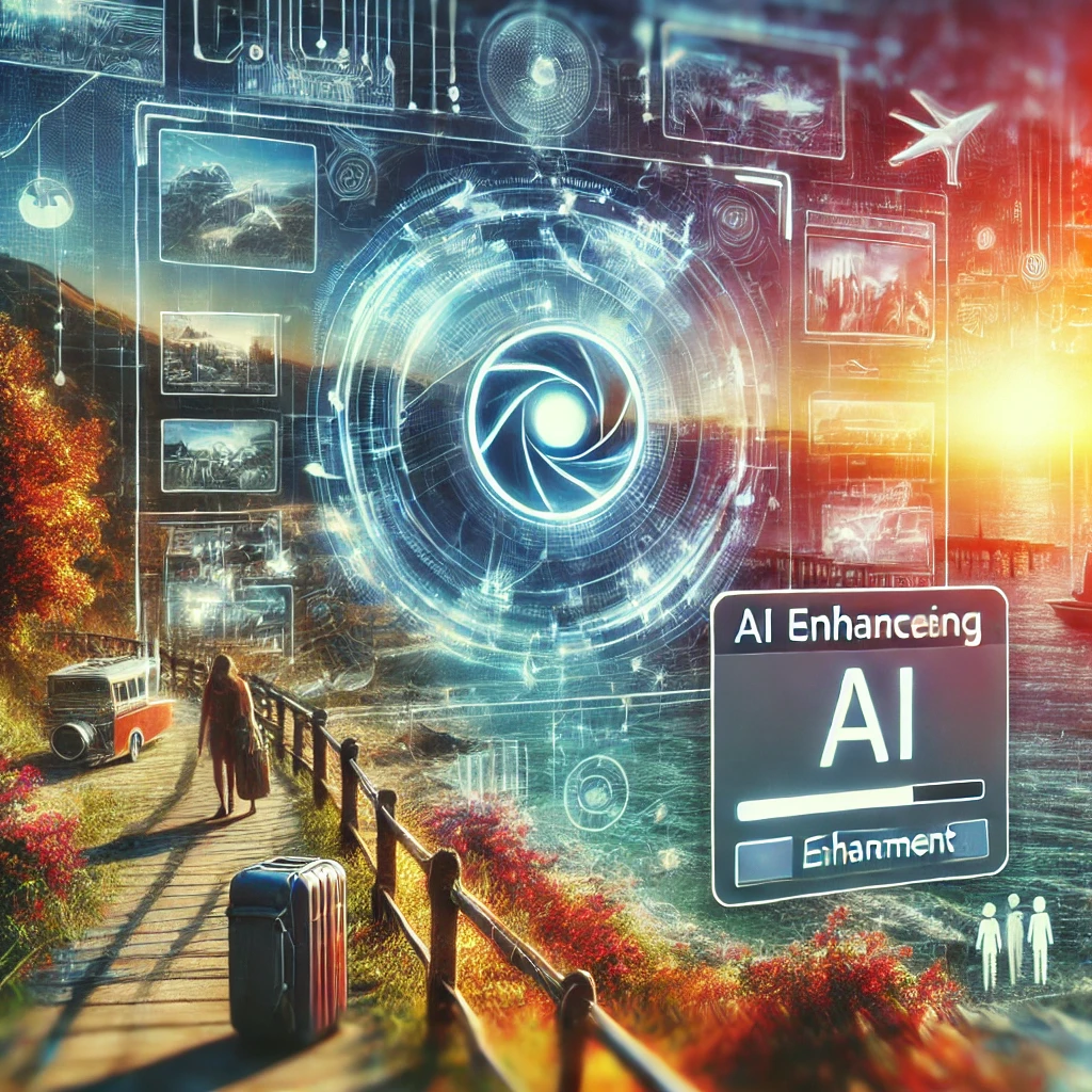An artistic representation of AI-powered travel photo editing, depicting an AI algorithm enhancing a blurry travel image in real-time with futuristic digital overlays.