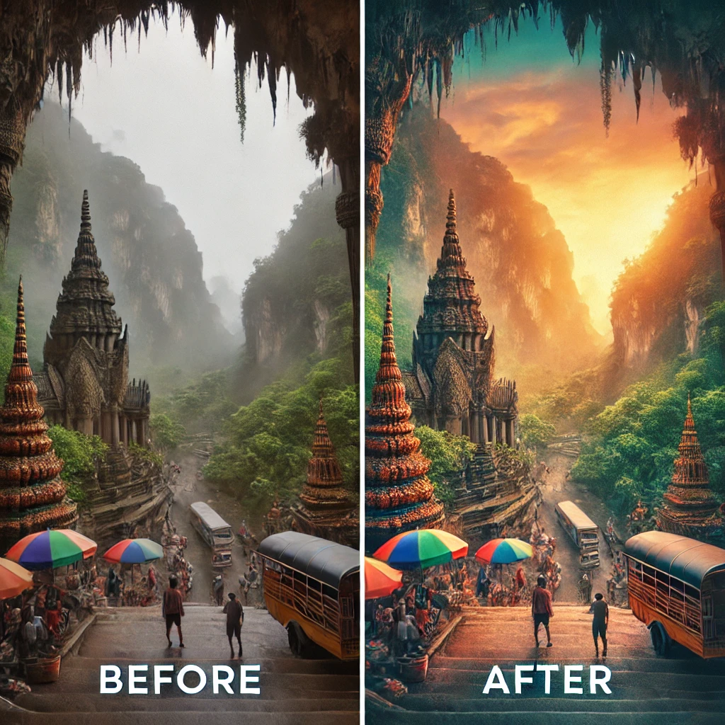 A side-by-side comparison of a travel photo before and after editing, showing the difference in colors, lighting, and sharpness.